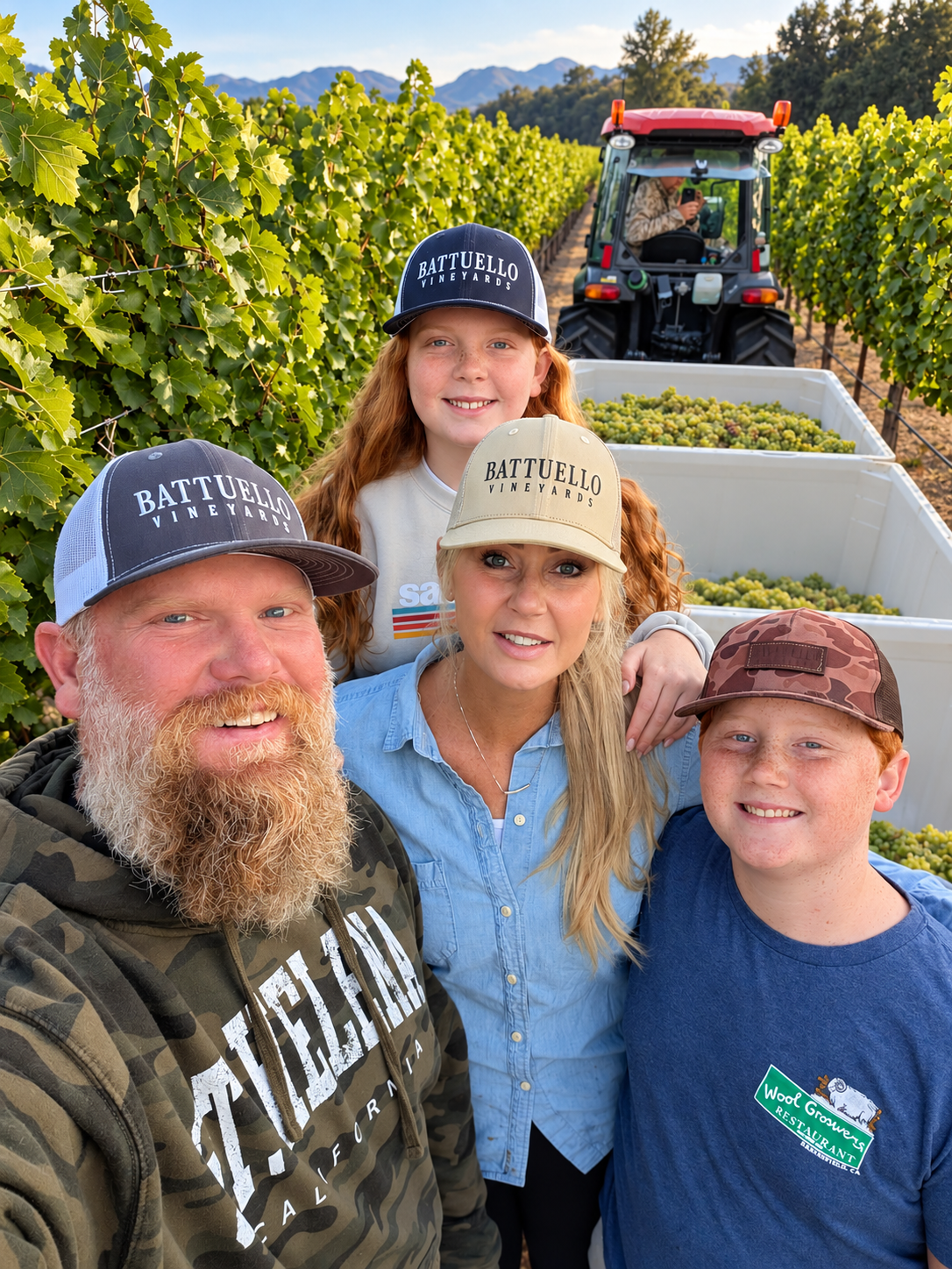 Battuello Vineyards family standing in a vineyard during harvest with grape bins and a tractor behind them.