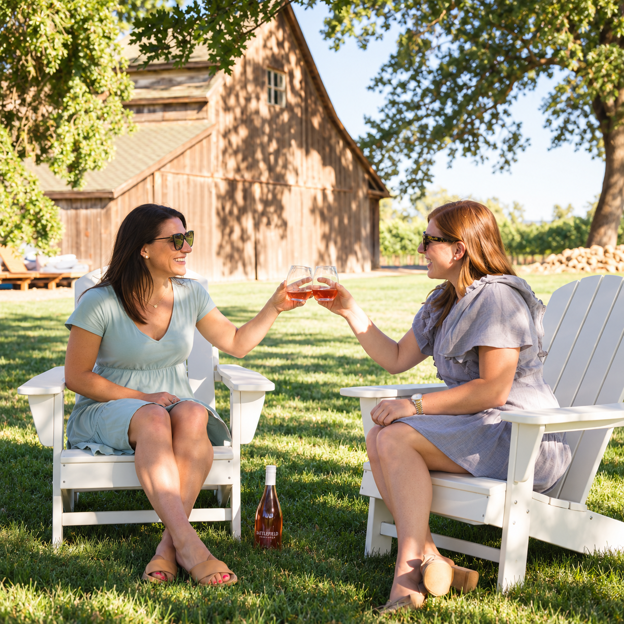 Two guests enjoying rosé wine in Adirondack chairs beside the historic barn at Battuello Vineyards in St. Helena, Napa Valley.