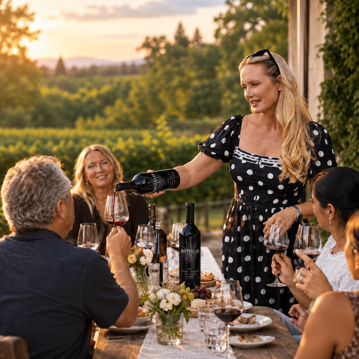 Battuello Vineyards co-owner Torey Battuello personally pouring Cabernet Sauvignon for guests during a private wine tasting in St. Helena, Napa Valley.